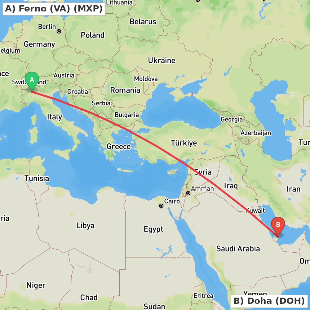 Flight route map from Ferno (VA) to Doha