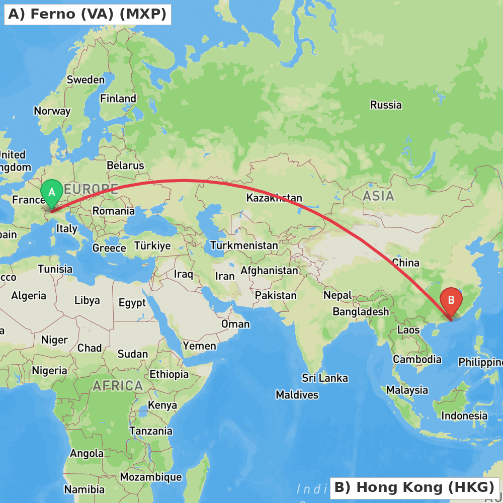 Flight route map from Ferno (VA) to Hong Kong
