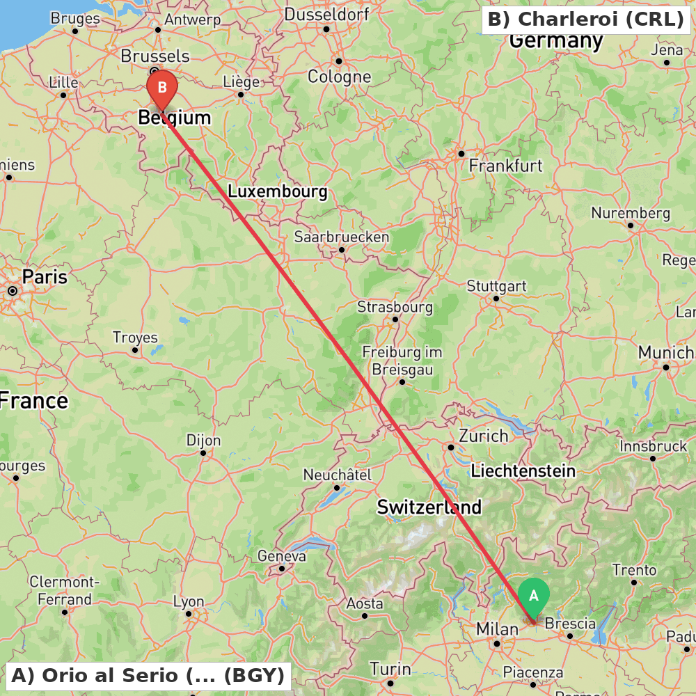 Flight route map from Orio al Serio (BG) to Charleroi