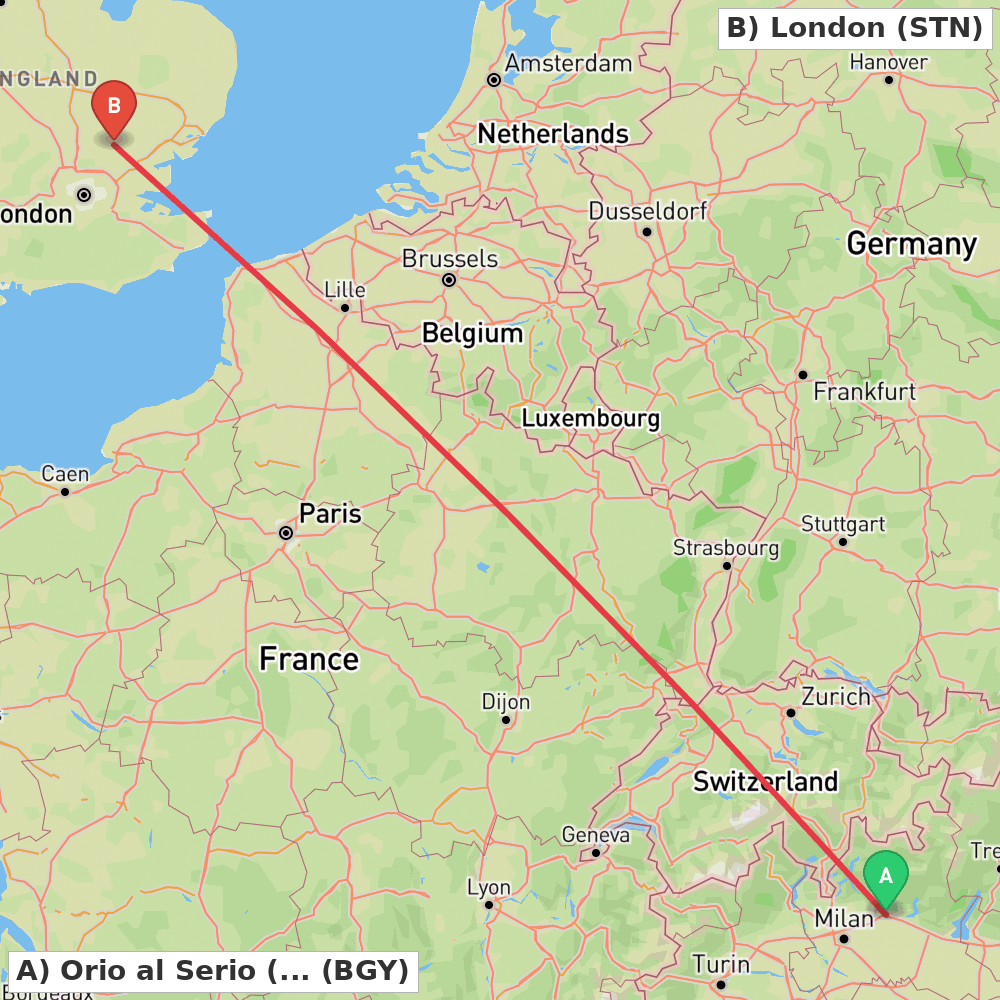 Flight route map from Orio al Serio (BG) to London