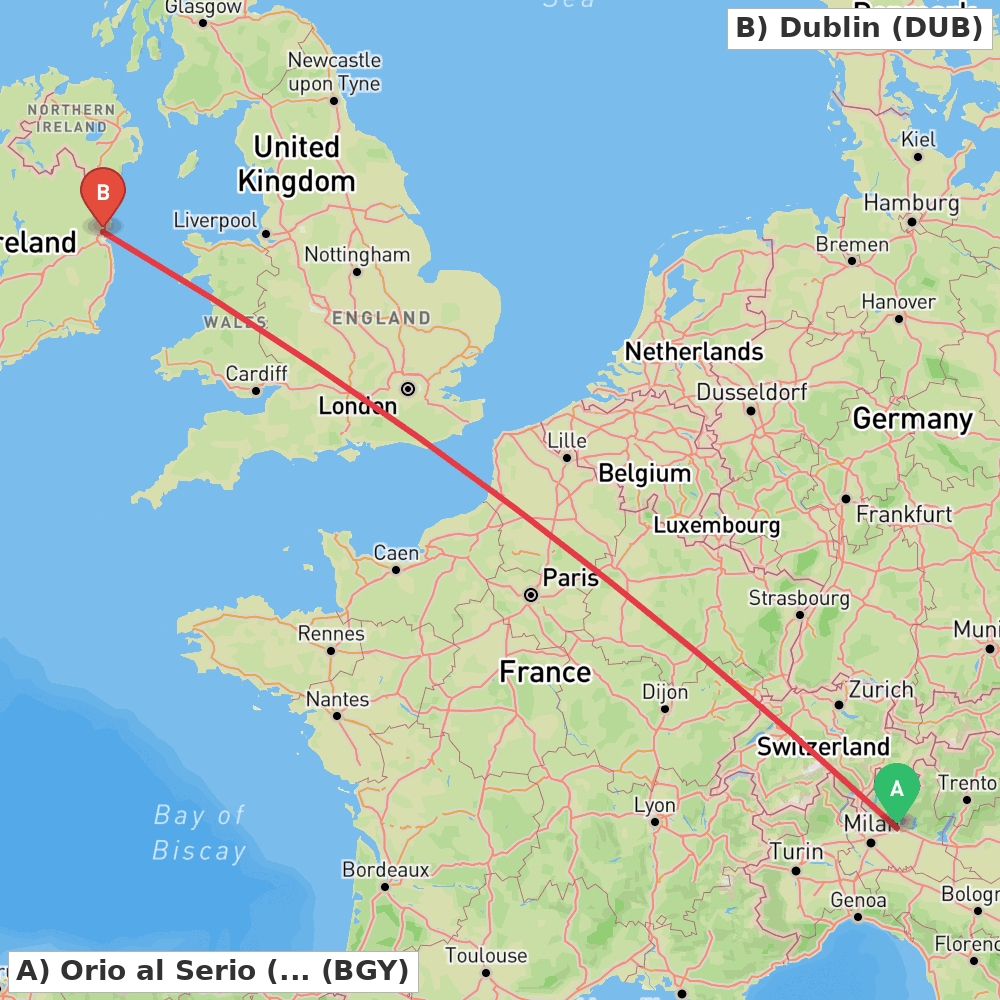 Flight route map from Orio al Serio (BG) to Dublin