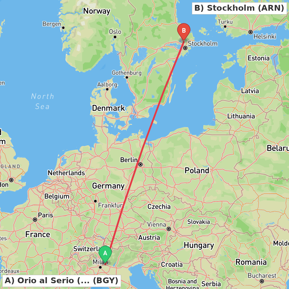 Flight route map from Orio al Serio (BG) to Stockholm