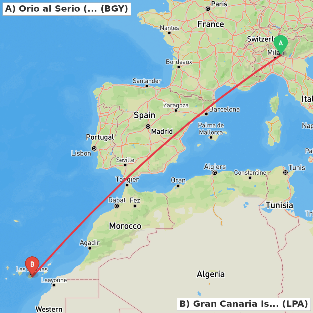 Flight route map from Orio al Serio (BG) to Gran Canaria Island