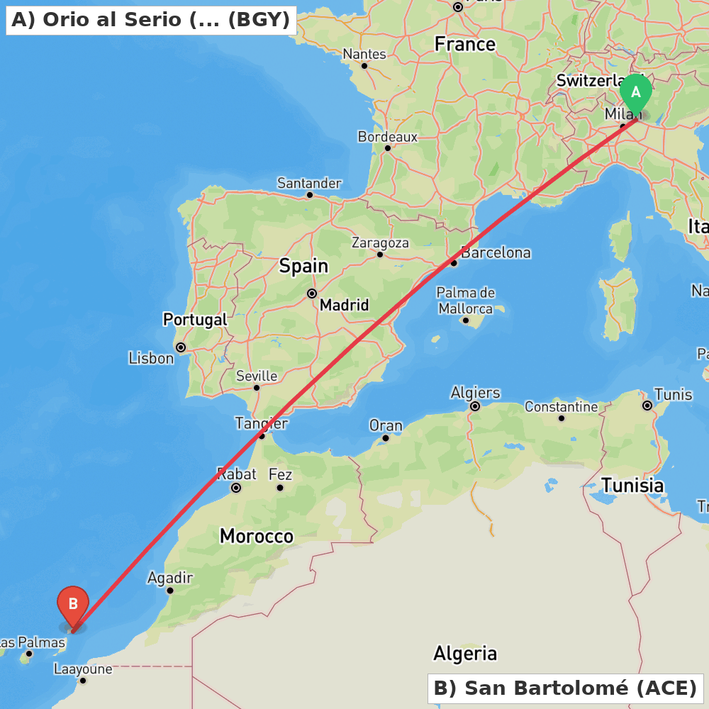 Flight route map from Orio al Serio (BG) to San Bartolomé
