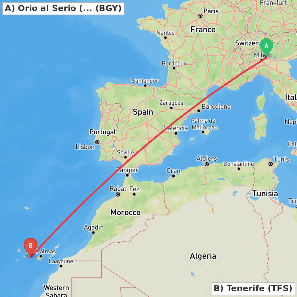 Flight route map from Orio al Serio (BG) to Tenerife