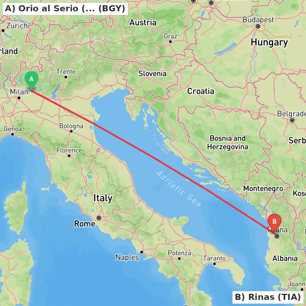 Flight route map from Orio al Serio (BG) to Rinas