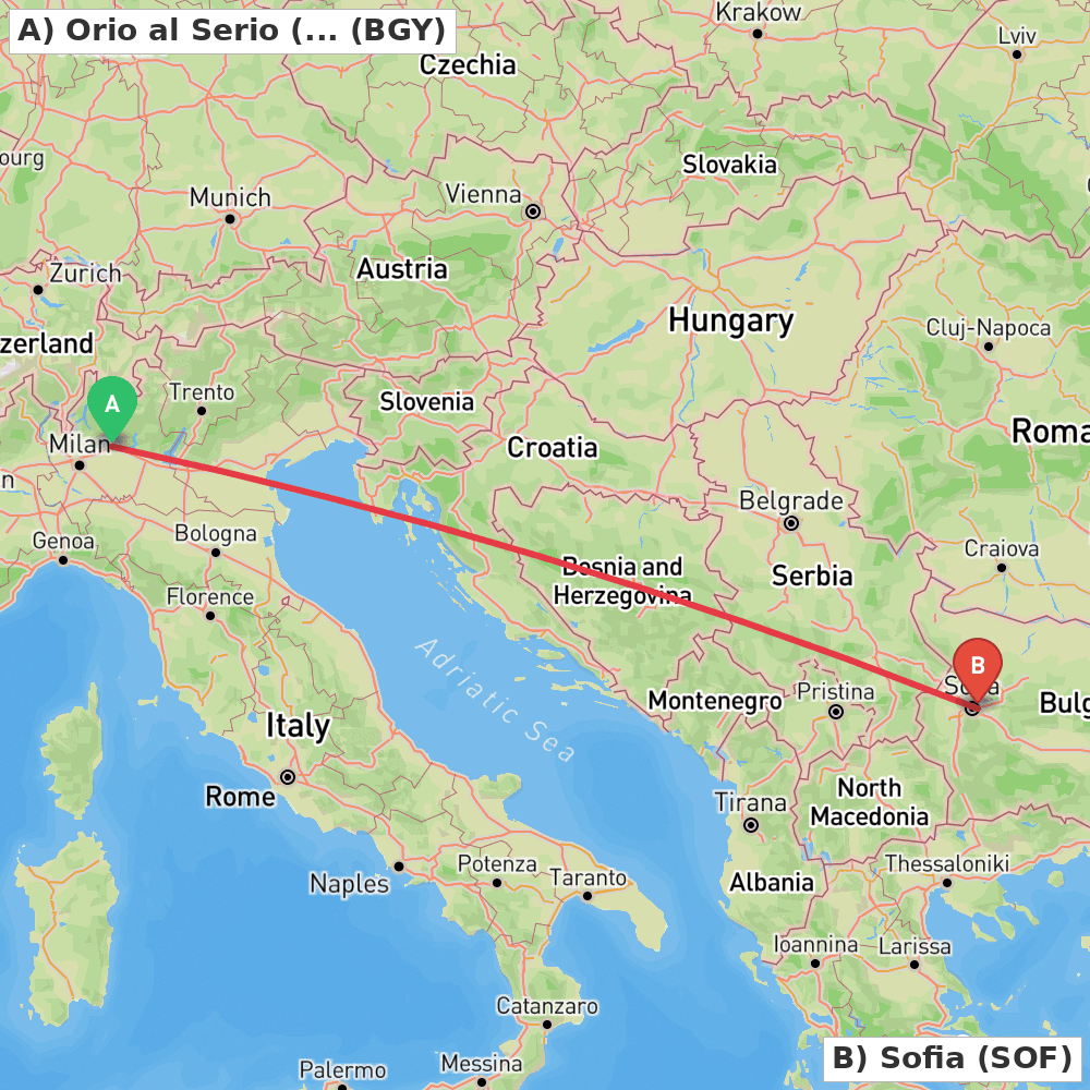 Flight route map from Orio al Serio (BG) to Sofia