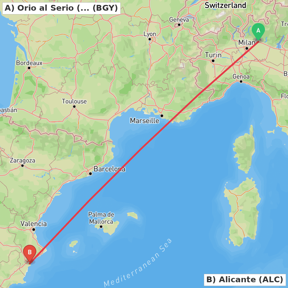 Flight route map from Orio al Serio (BG) to Alicante