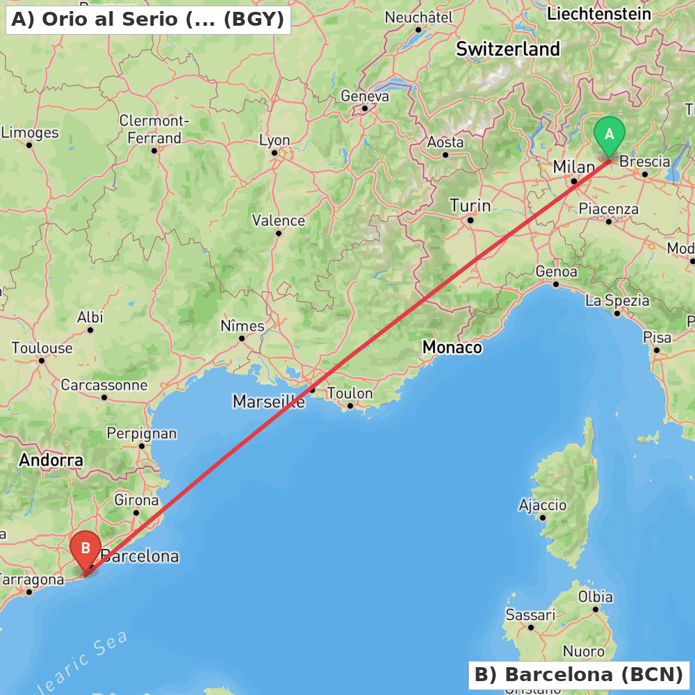 Flight route map from Orio al Serio (BG) to Barcelona