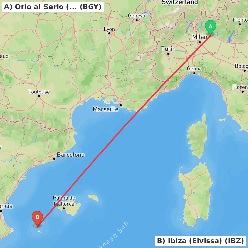 Flight route map from Orio al Serio (BG) to Ibiza (Eivissa)