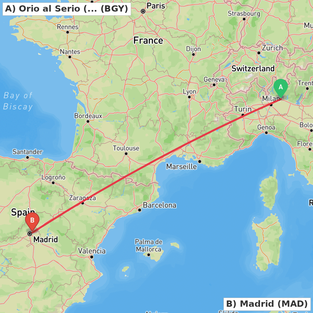 Flight route map from Orio al Serio (BG) to Madrid