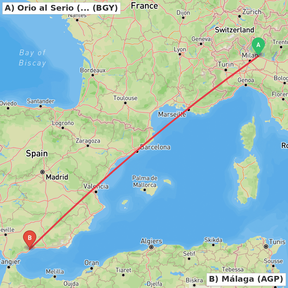 Flight route map from Orio al Serio (BG) to Málaga