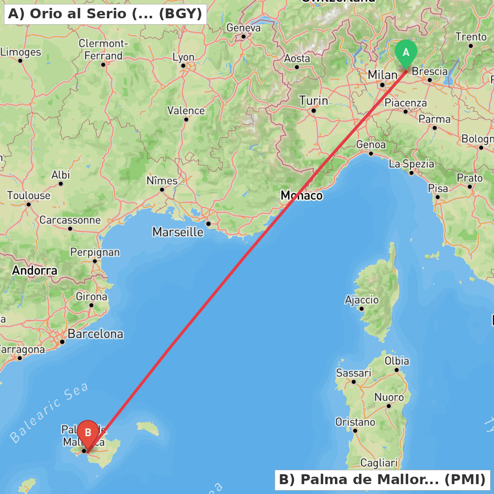 Flight route map from Orio al Serio (BG) to Palma de Mallorca