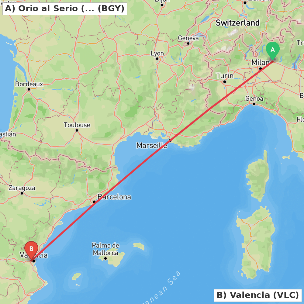 Flight route map from Orio al Serio (BG) to Valencia