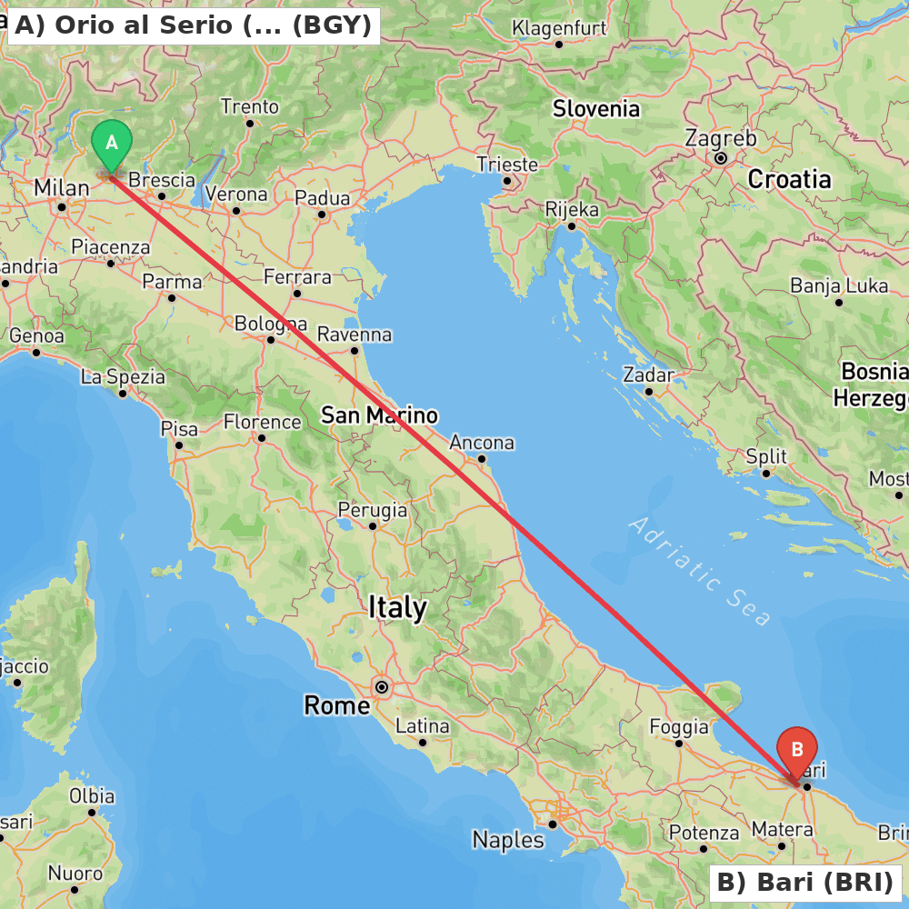 Flight route map from Orio al Serio (BG) to Bari