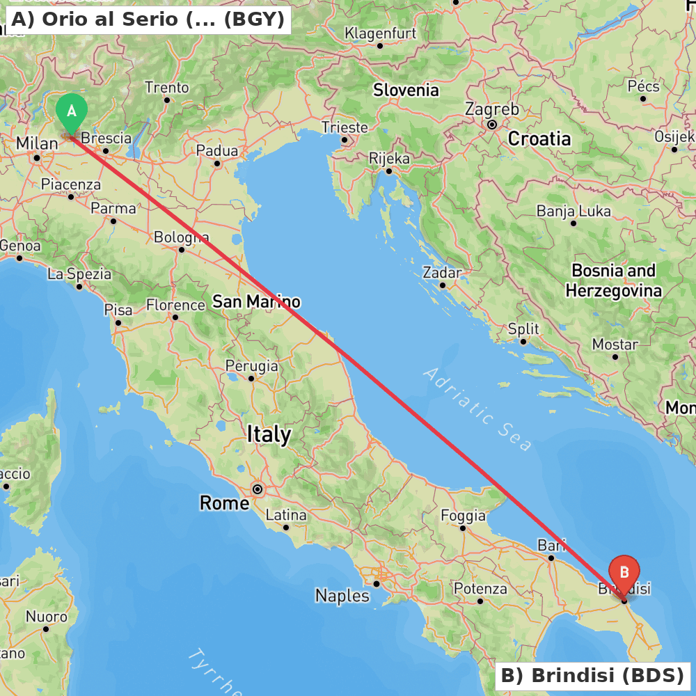 Flight route map from Orio al Serio (BG) to Brindisi