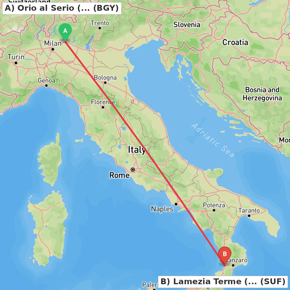 Flight route map from Orio al Serio (BG) to Lamezia Terme (CZ)