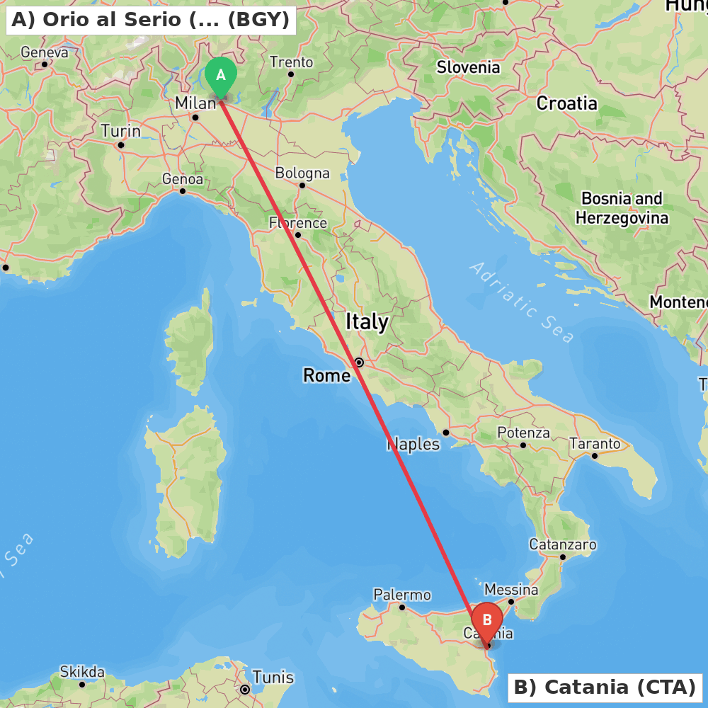 Flight route map from Orio al Serio (BG) to Catania