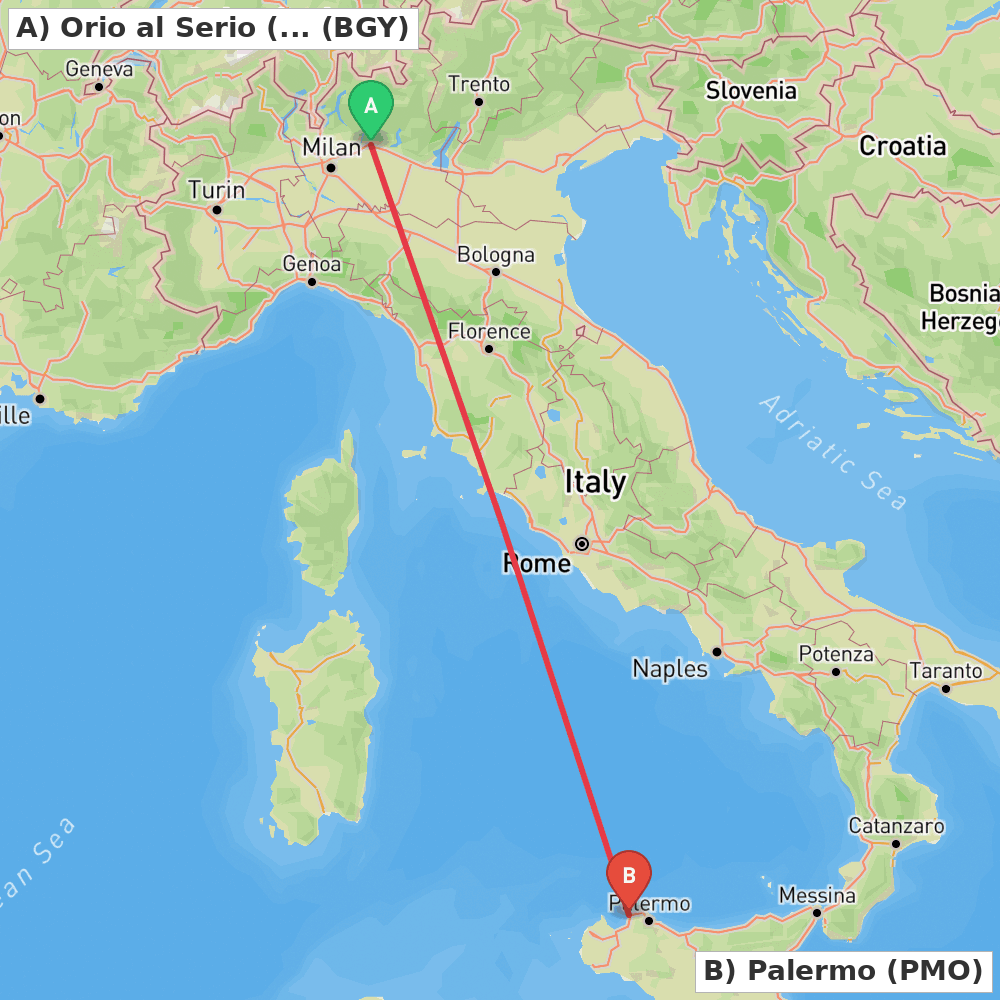 Flight route map from Orio al Serio (BG) to Palermo
