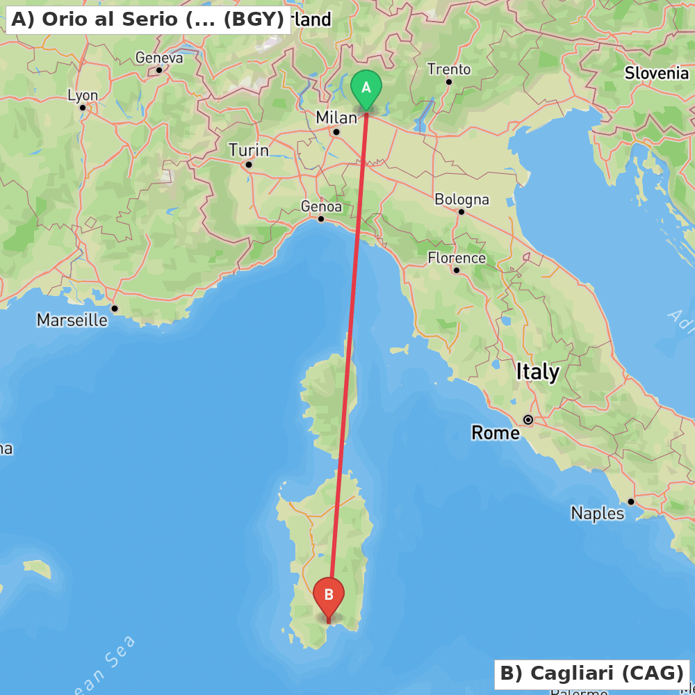 Flight route map from Orio al Serio (BG) to Cagliari