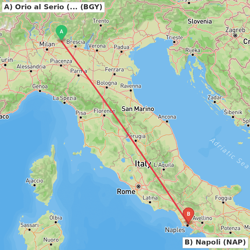Flight route map from Orio al Serio (BG) to Napoli