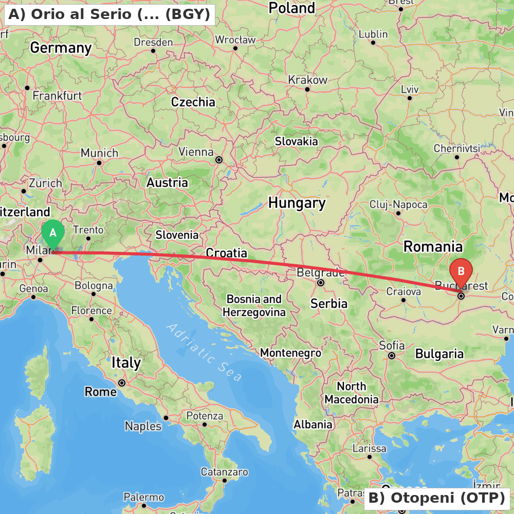 Flight route map from Orio al Serio (BG) to Otopeni