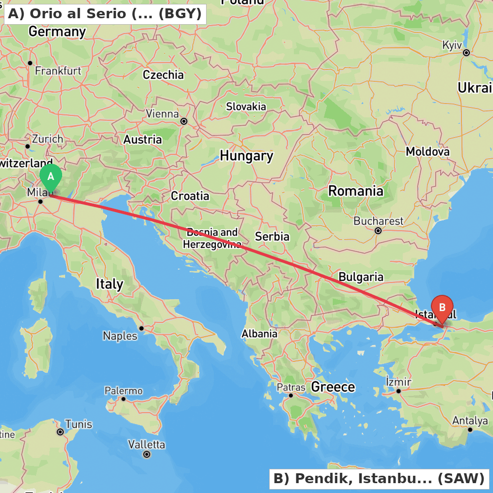 Flight route map from Orio al Serio (BG) to Pendik, Istanbul