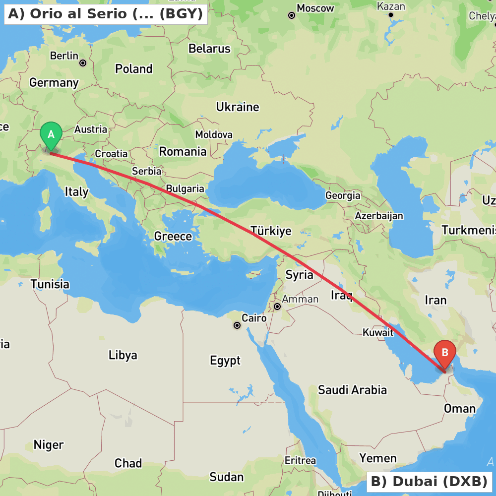 Flight route map from Orio al Serio (BG) to Dubai