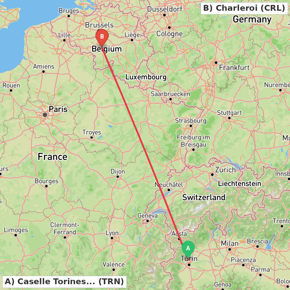 Flight route map from Caselle Torinese (TO) to Charleroi