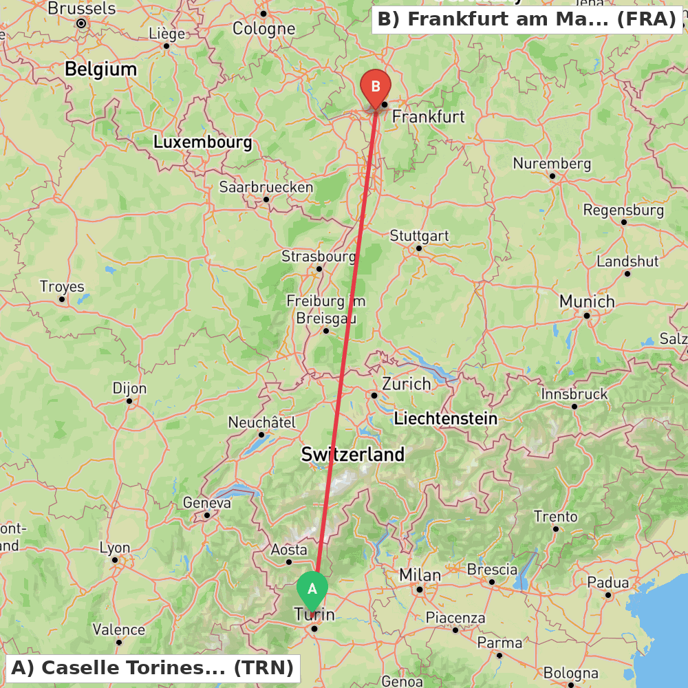 Flight route map from Caselle Torinese (TO) to Frankfurt am Main