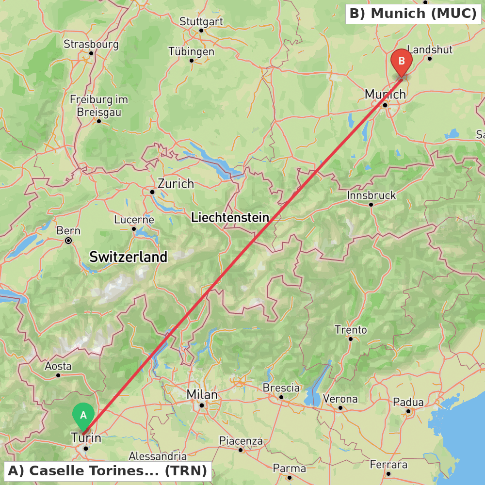 Flight route map from Caselle Torinese (TO) to Munich