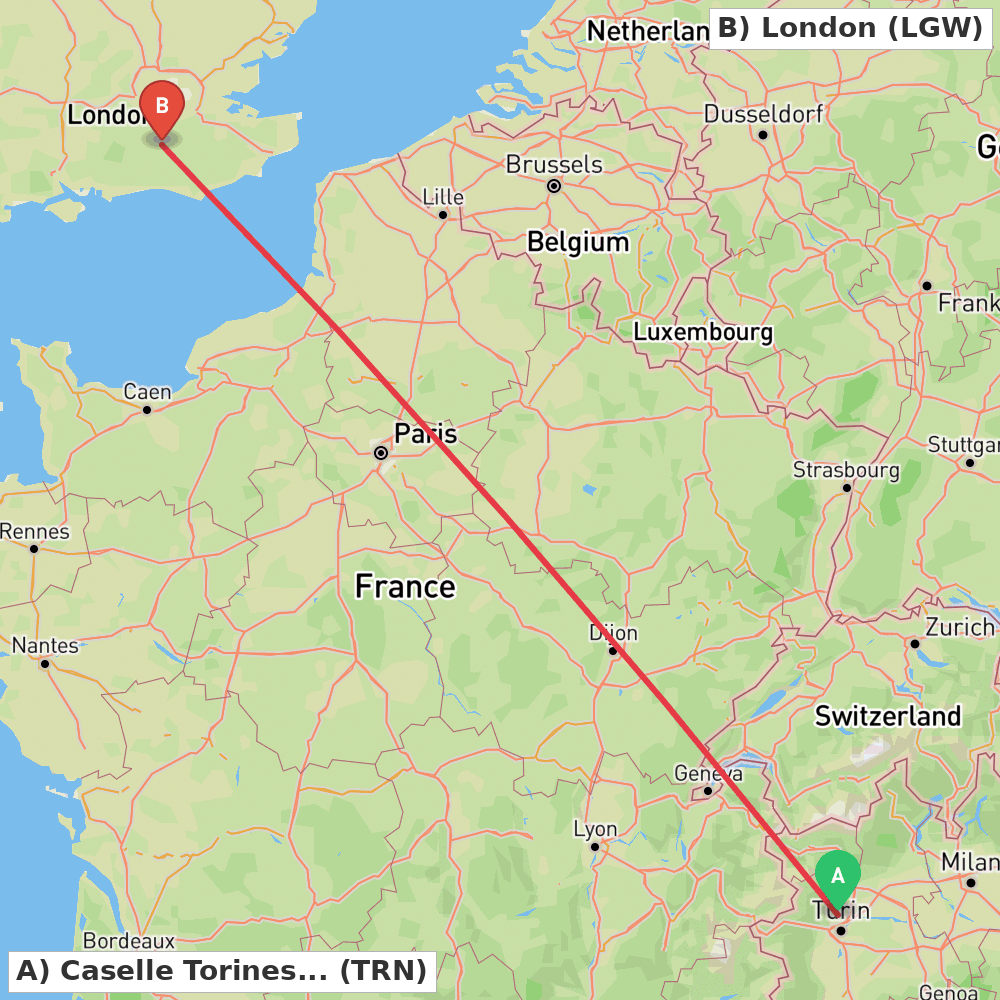 Flight route map from Caselle Torinese (TO) to London