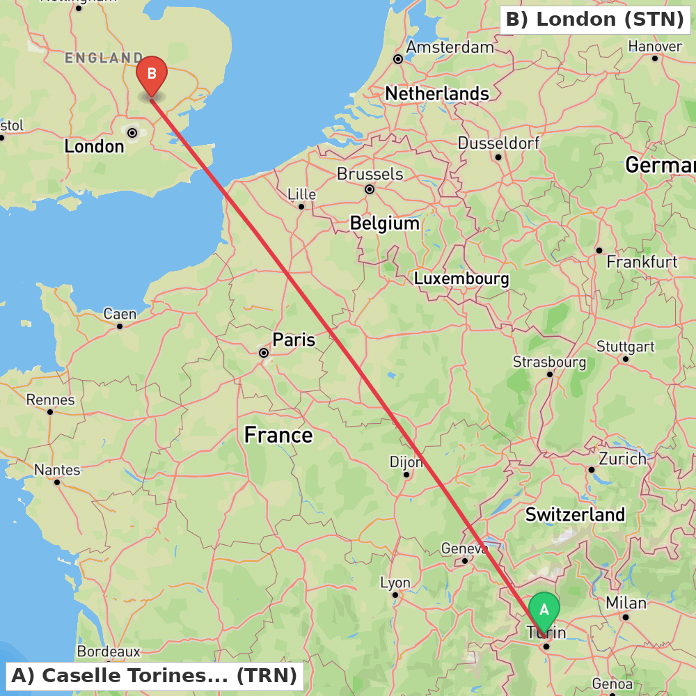 Flight route map from Caselle Torinese (TO) to London