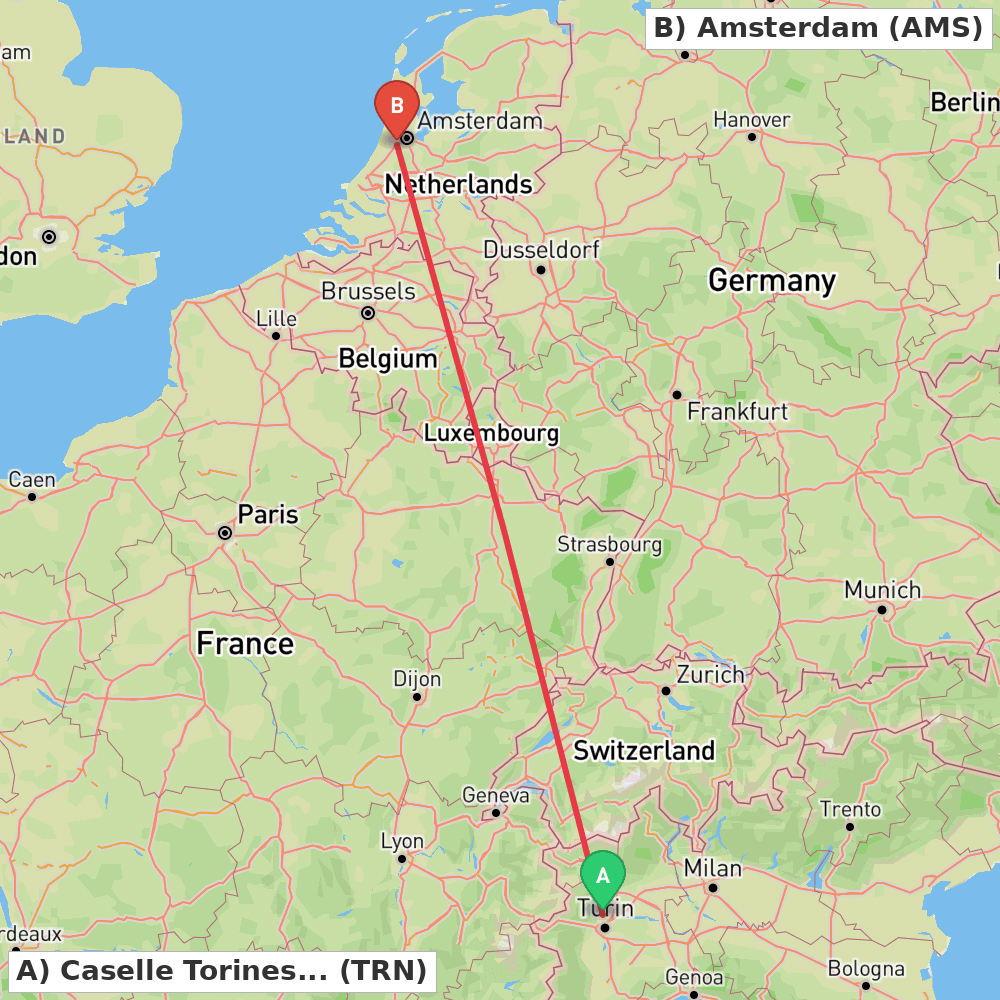Flight route map from Caselle Torinese (TO) to Amsterdam