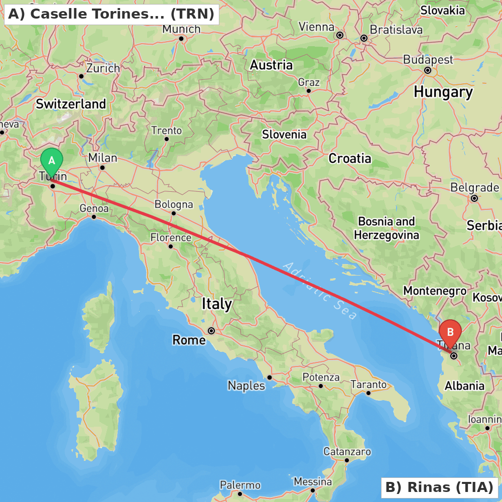 Flight route map from Caselle Torinese (TO) to Rinas