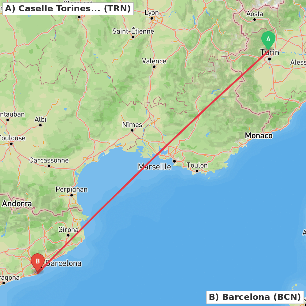 Flight route map from Caselle Torinese (TO) to Barcelona