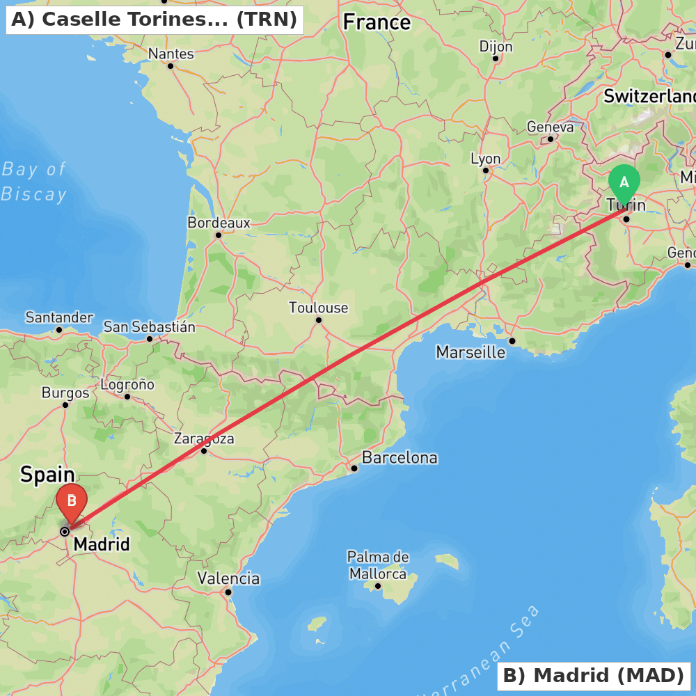 Flight route map from Caselle Torinese (TO) to Madrid