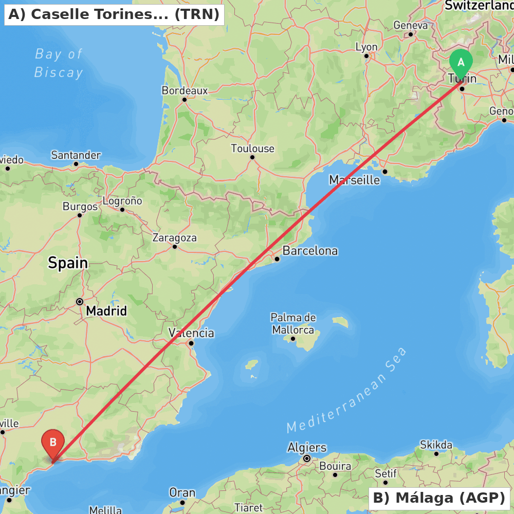 Flight route map from Caselle Torinese (TO) to Málaga
