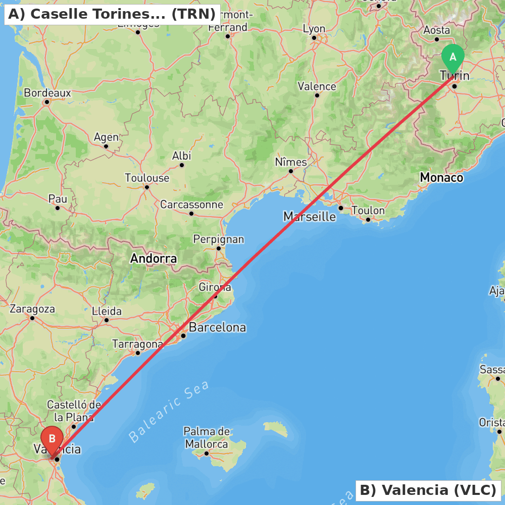 Flight route map from Caselle Torinese (TO) to Valencia