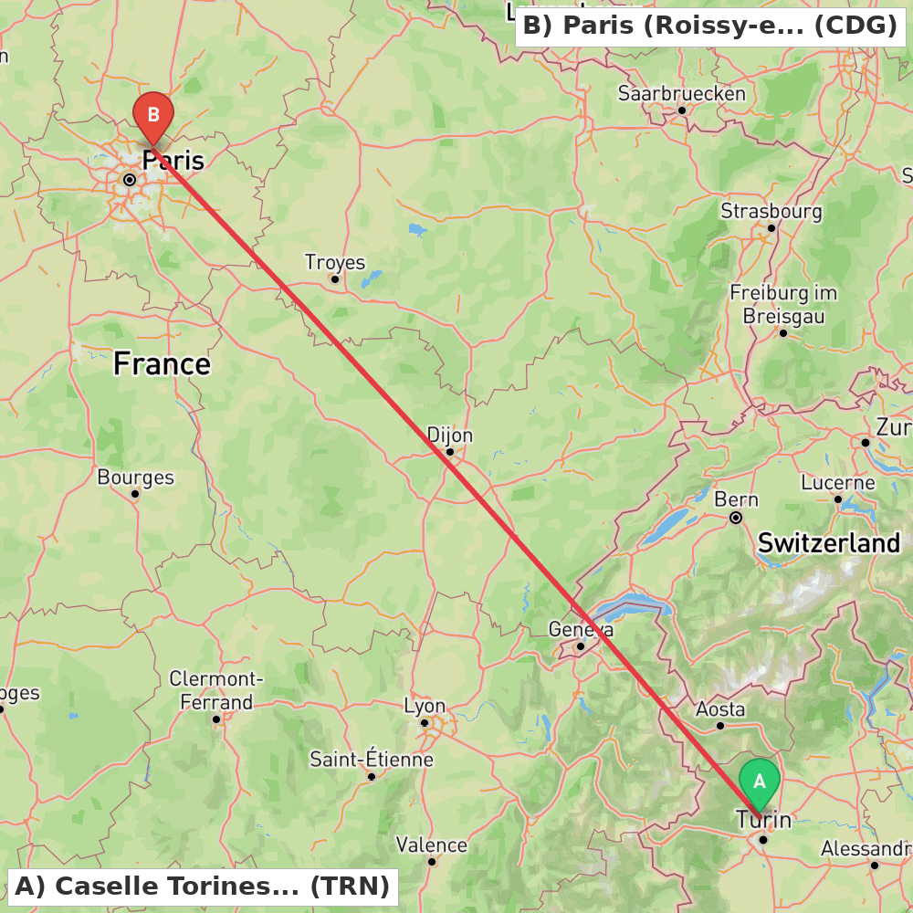 Flight route map from Caselle Torinese (TO) to Paris (Roissy-en-France, Val-d'Oise)