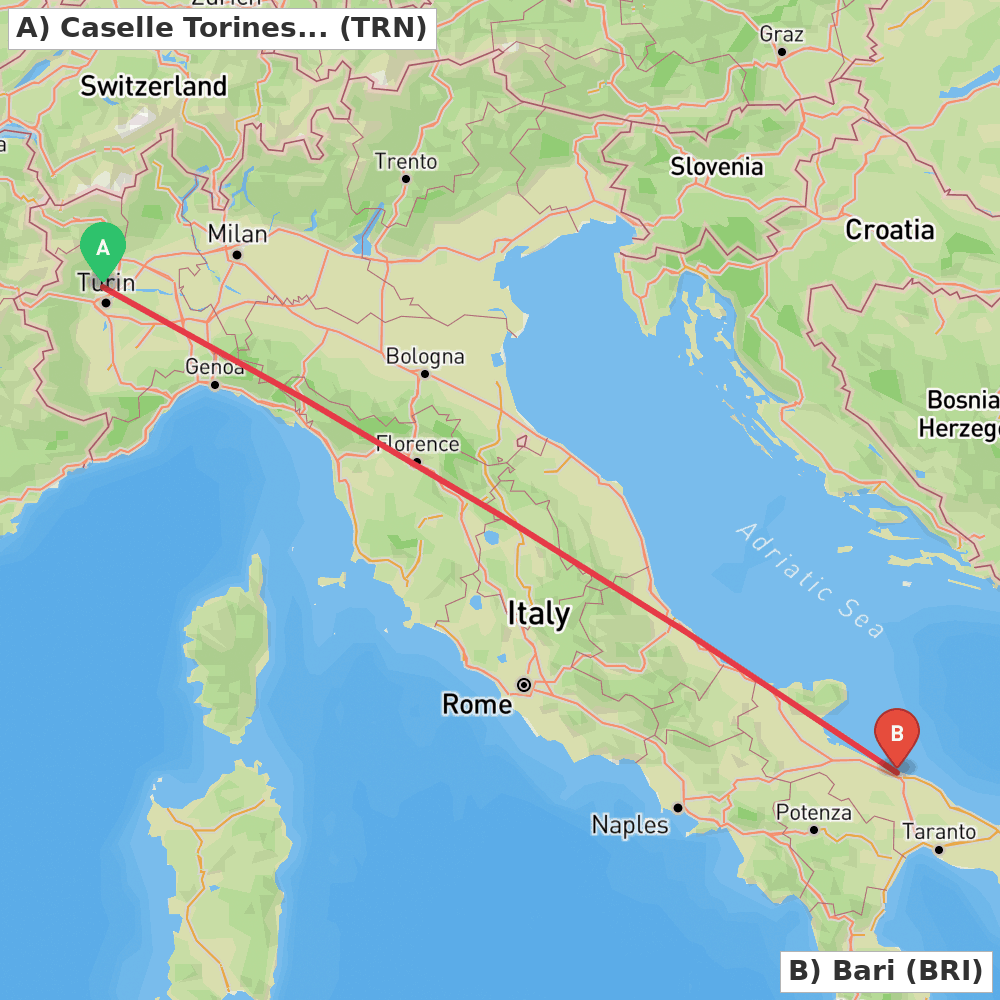 Flight route map from Caselle Torinese (TO) to Bari