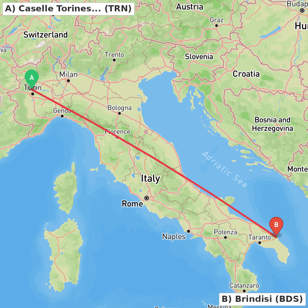 Flight route map from Caselle Torinese (TO) to Brindisi