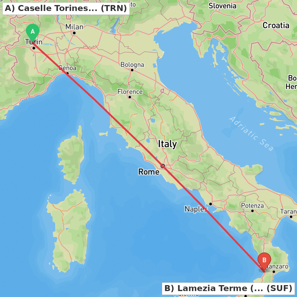Flight route map from Caselle Torinese (TO) to Lamezia Terme (CZ)