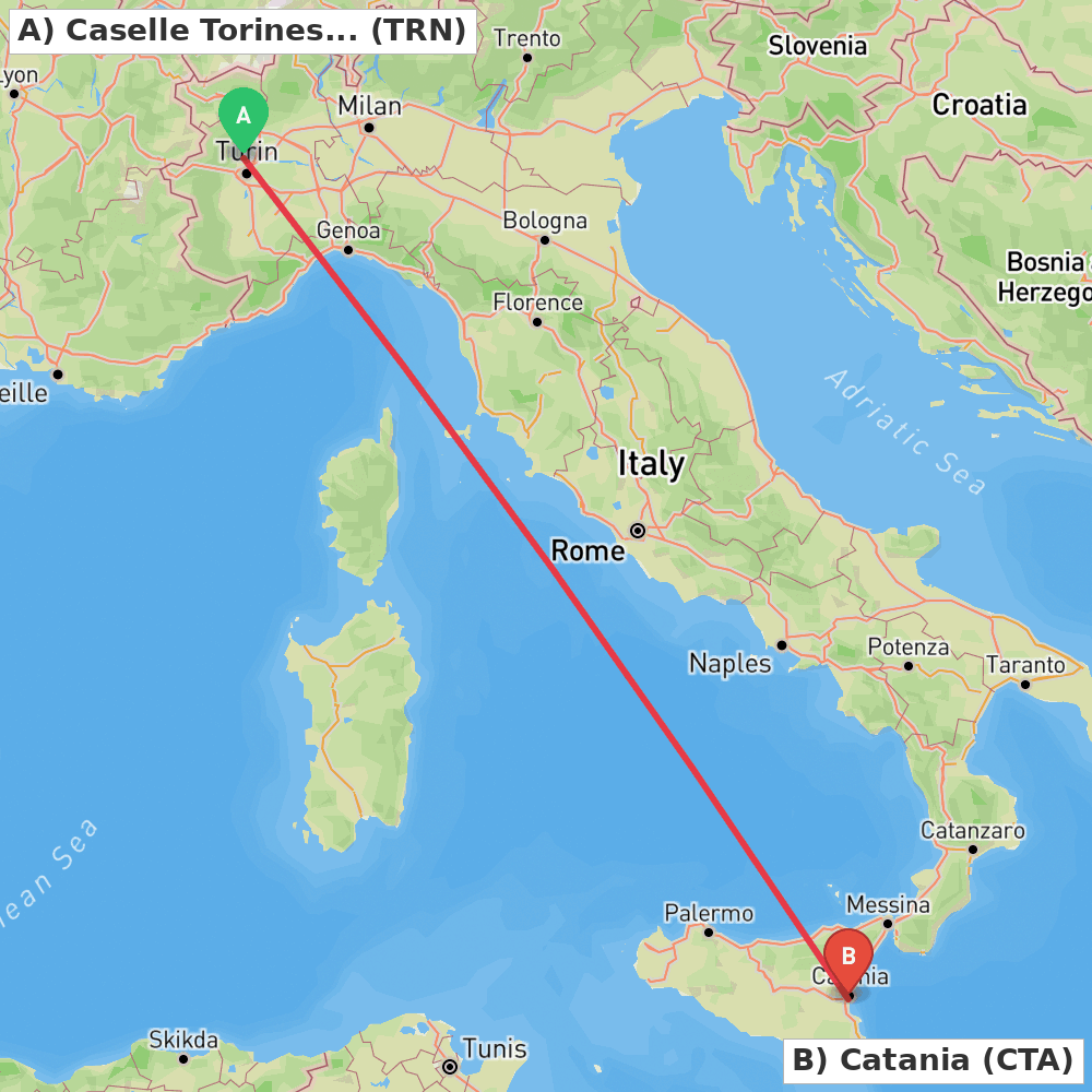 Flight route map from Caselle Torinese (TO) to Catania