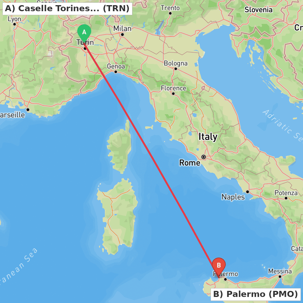 Flight route map from Caselle Torinese (TO) to Palermo