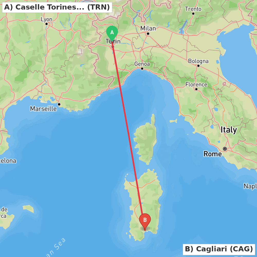 Flight route map from Caselle Torinese (TO) to Cagliari