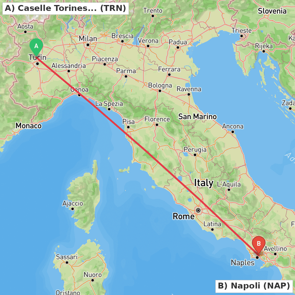 Flight route map from Caselle Torinese (TO) to Napoli