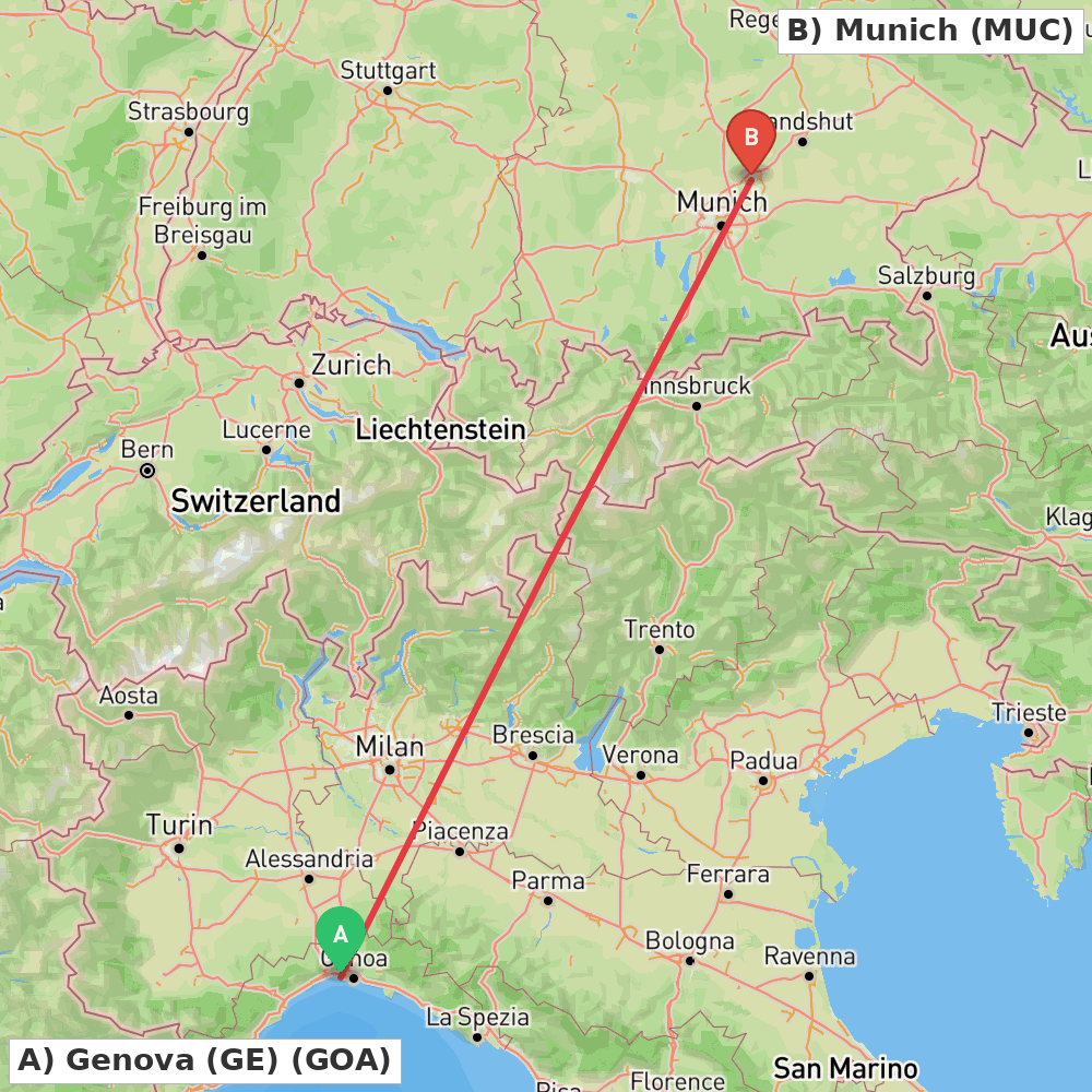 Flight route map from Genova (GE) to Munich