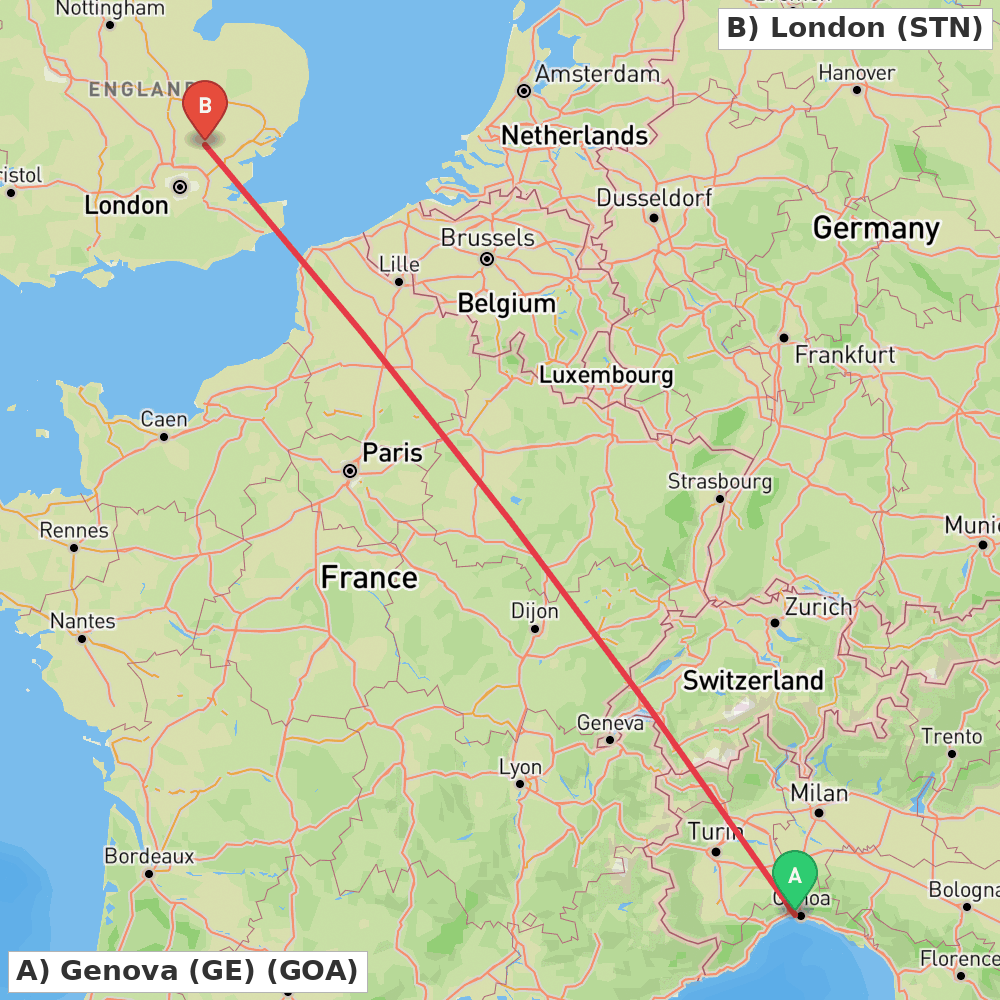 Flight route map from Genova (GE) to London