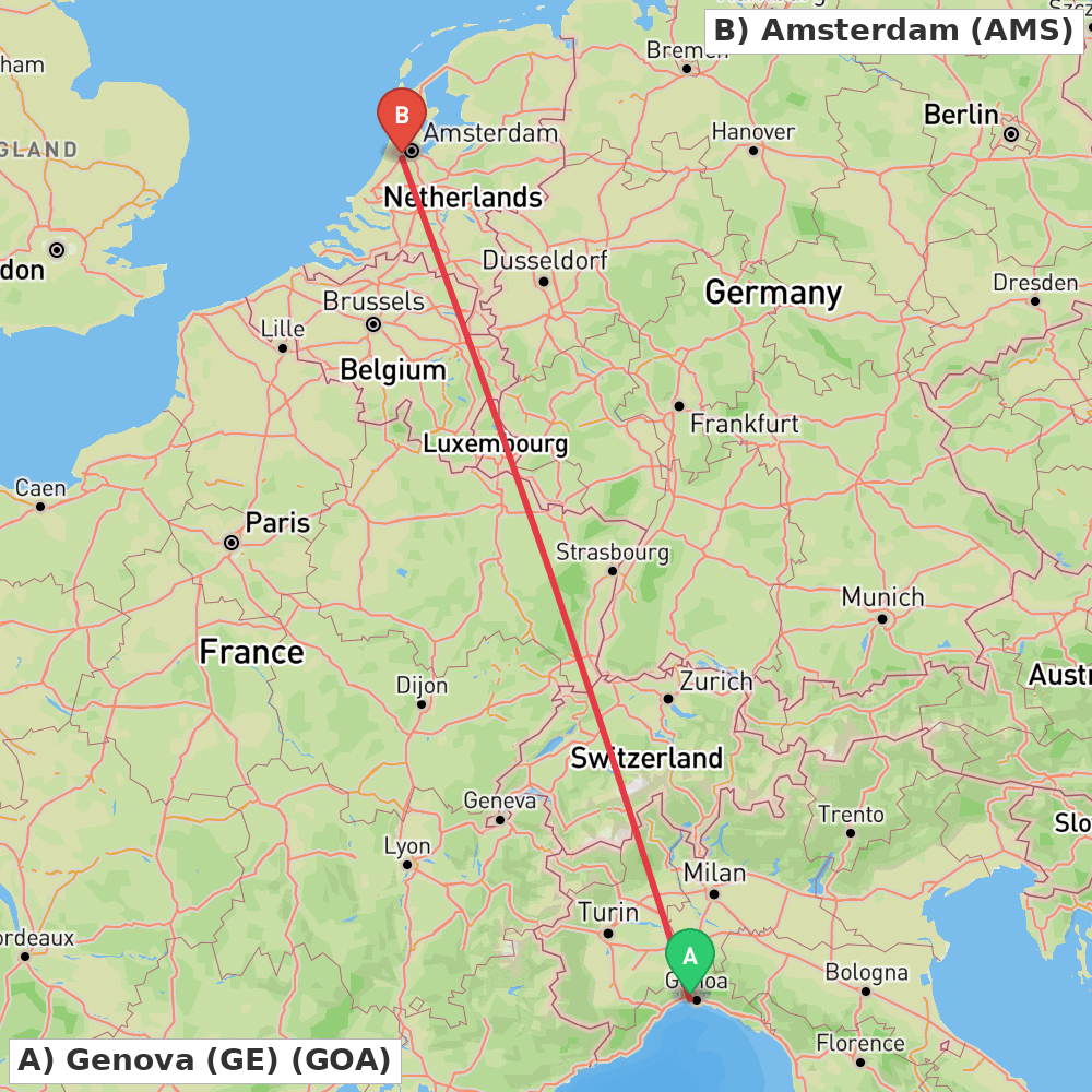 Flight route map from Genova (GE) to Amsterdam